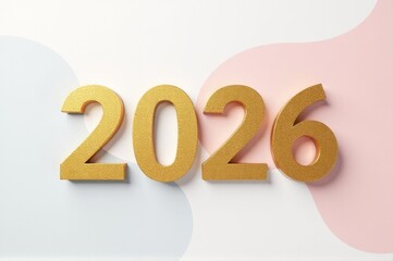 A golden sign with the date '202' written in bold letters on a pink and white background, suitable for designs related to new beginnings, celebrations, or marking milestones..New Year 2026.