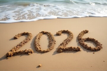 A person writing the year 2020 in sand on a sunny beach, with clear blue water and palm trees in the background..New Year 2026.