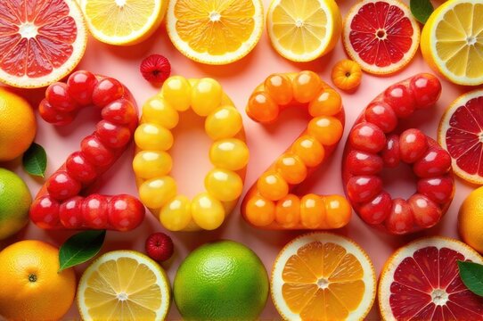 A colorful combination of fruits and vegetables forming a numerical shape..New Year 2026.