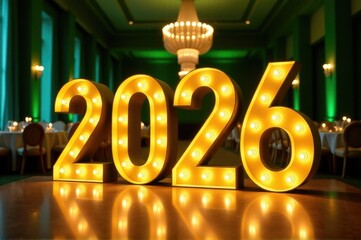 A large lighted sign displays the number 202 on a table, ideal for use in celebrations, parties or events..New Year 2026.
