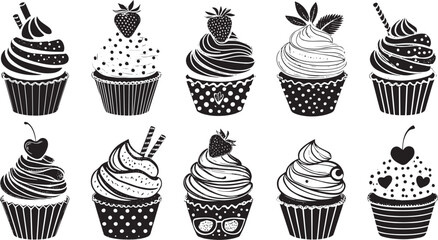 Cupcake Silhouette Icon Set – Black Vector Muffin and Dessert Illustrations for Bakery and Sweet Food Design

