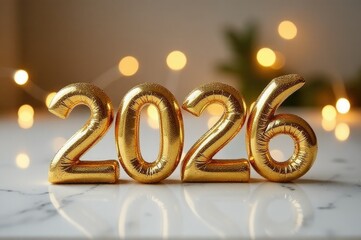 A single number made of gold foil sitting on a table..New Year 2026.