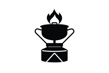 Camp stove cooking with outdoor gear vector art illustration