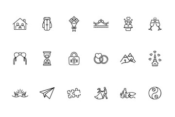 Outline wedding family icons including home backpack bouquet rings church couple symbols