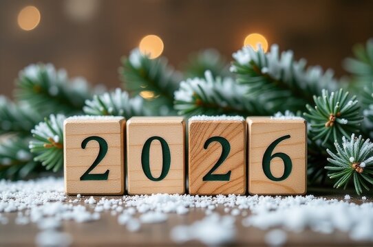 Close-up of a wooden block with numbers, ideal for educational or informational purposes..New Year 2026.
