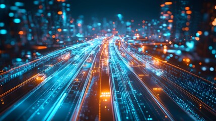 Fototapeta premium Digital Highway: An abstract illustration of a bustling digital highway, symbolizing the fast-paced exchange of data and information, the pathways are a vibrant network of glowing lines.