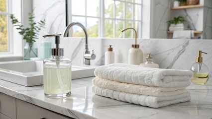 Marble Bathroom Countertop with White Towels and Soap Dispenser, modern , clean
