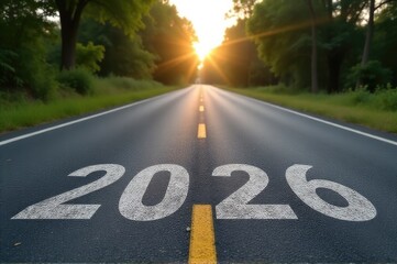 Obraz premium Road stretching into the sunset, a warm and peaceful atmosphere..New Year 2026.
