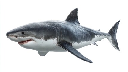 Fototapeta premium High-detail side profile of a great white shark, lifelike proportions and anatomy, realistic rough gray skin with white underside, visible gill slits, dark eyes, mouth slightly open showing teeth