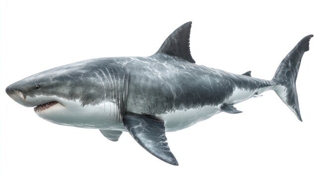 High-detail side profile of a great white shark, lifelike proportions and anatomy, realistic rough gray skin with white underside, visible gill slits, dark eyes, mouth slightly open showing teeth