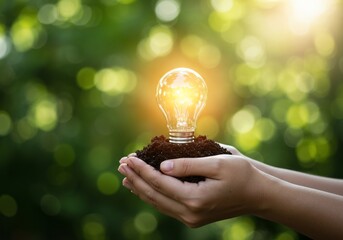 Lightbulb in Soil Held by Hands: Renewable Energy Concept
