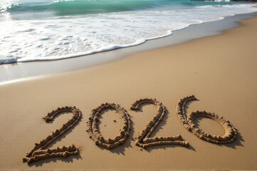 Beach scene with numbers 2020 written in sand..New Year 2026.