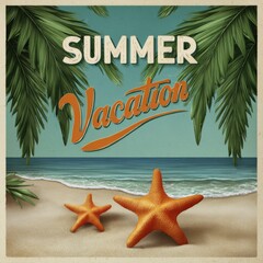 Vintage summer vacation beach poster with starfish