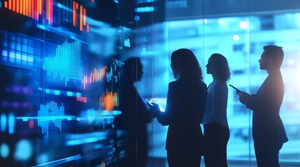 Market Analysis Meeting: Silhouette of a business team analyzing market data, the epitome of a modern office environment, surrounded by financial charts and indicators.