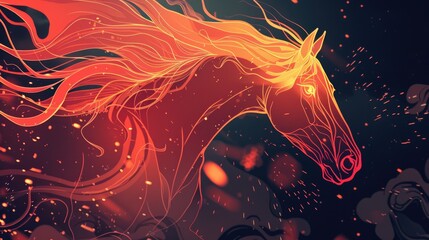 Majestic fire horse head with flowing flame mane and sparks on dark background. Chinese zodiac symbol of 2026 Fire Horse Year