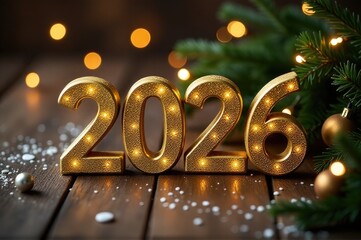 Christmas decoration setup featuring a wooden table with gold numbers beside a festive Christmas tree..New Year 2026.