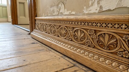 Naklejka premium Ornate Wood Trim Detail, Aged Wall, Interior design , molding