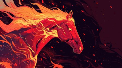 Majestic fire horse head with flowing flame mane and sparks on dark background. Chinese zodiac symbol of 2026 Fire Horse Year
