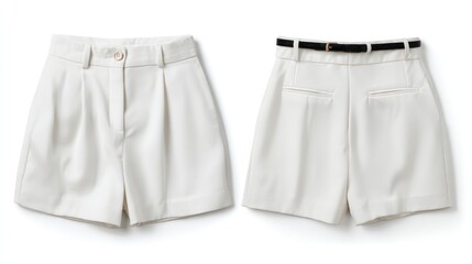 High-rise women&acirc;&euro;&trade;s tailored shorts, front and back flat lay, black color, belt loops visible, clean white backdrop