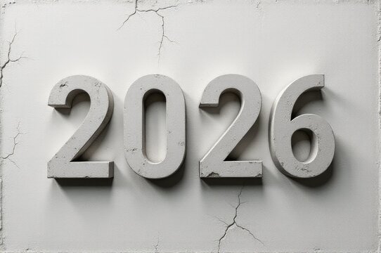 A white sign with the year 2026 written on it, often used as a decorative element or to mark an event..New Year 2026.