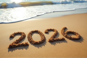A person writes the year 2020 in the sand on a beach, with a calm and peaceful atmosphere..New Year 2026.
