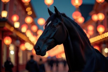 A bronze horse statue stands in front of a modern building..New Year 2026.