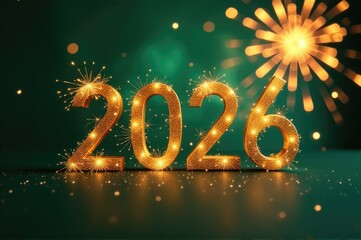 A bright golden sign displays the year '2020' against a colorful fireworks display..New Year 2026.