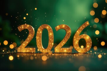 A sparkly cluster of gold glitter set against a vibrant green backdrop, perfect for use in promotional materials or as a design element..New Year 2026.