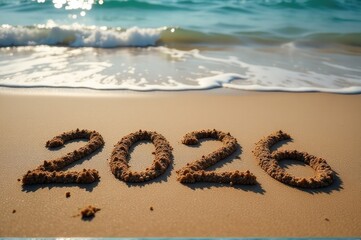 Photo of the year 2020 written in sand on a sunny beach..New Year 2026.