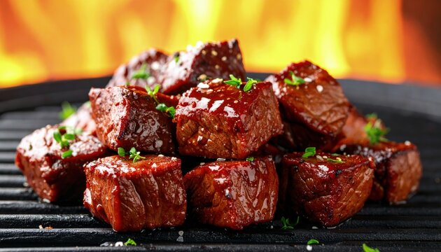Grilled beef cubes on a hot pan