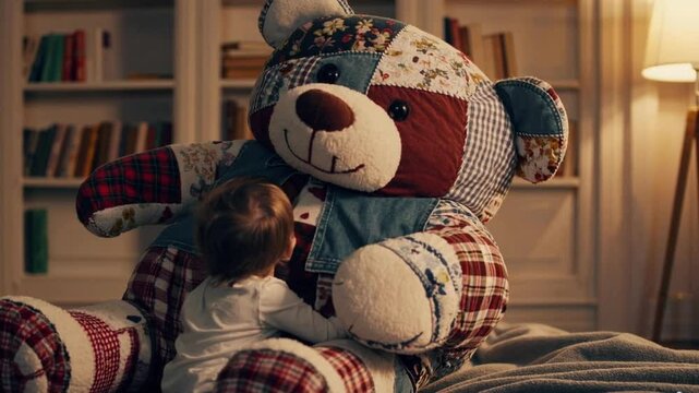 Baby Playing with Giant Patchwork Teddy Bear Indoors. Childhood Innocence, Cozy Home, Love