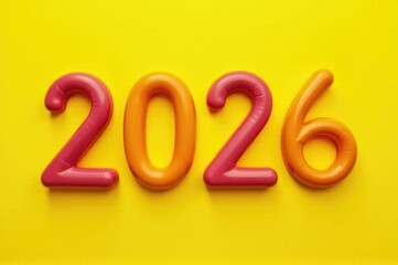 A creative illustration of a number made from doughnuts on a bright yellow background, perfect for food-related or playful concepts..New Year 2026.