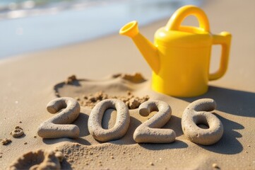 A yellow watering can sits on the sandy beach, perfect for gardening or outdoor decoration..New Year 2026.