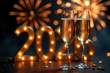 Two glasses of champagne placed on a tabletop, suitable for party or celebration decorations..New Year 2026.