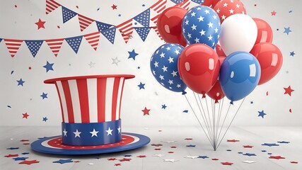 Obraz premium Patriotic celebration scene with American top hat, red and blue balloons, and festive decorations in national colors symbolizing independence and pride