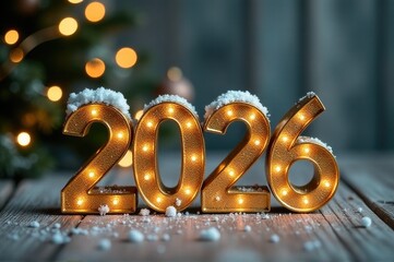 A wooden table with a lighted sign featuring the year 2016, perfect for adding a vintage touch to any setting..New Year 2026.