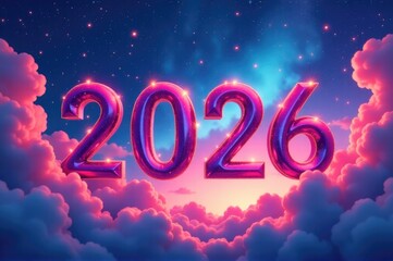 A futuristic scene with a clock striking midnight, symbolizing the start of a new era..New Year 2026.