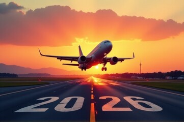 Airliner approaching airport tarmac at sunset time, great for travel or aviation themes..New Year 2026.