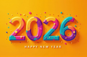Colorful sign with Happy New Year message on bright yellow background, suitable for celebration decorations or party invitations..New Year 2026.