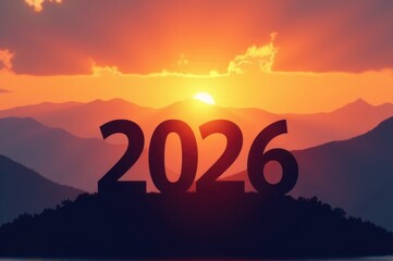 A serene landscape of mountains at sunset with warm orange and pink hues..New Year 2026.