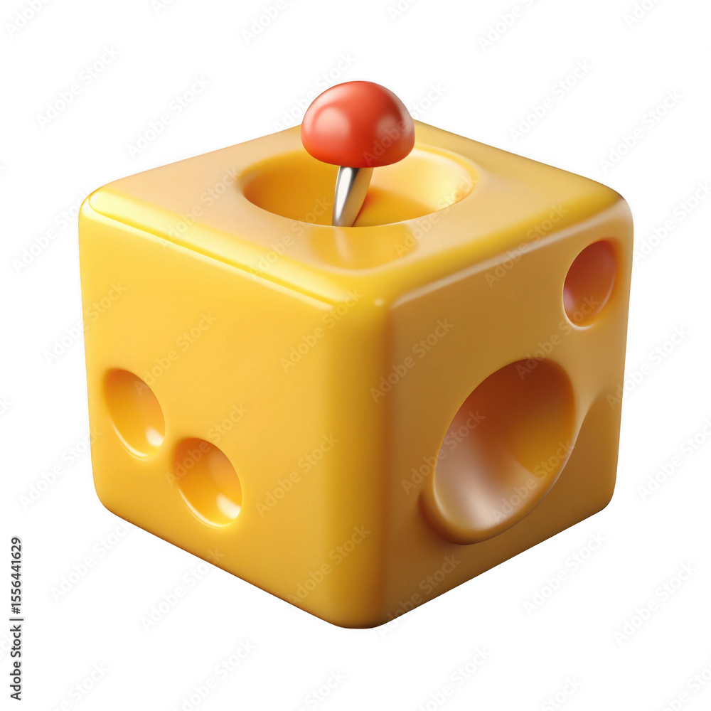 Poster a stylized yellow cheese cube with holes and a red topped pin inserted into the top isolated on tran