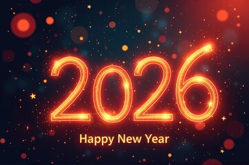 Confetti and balloons fill the air as celebrators hold glowing text signs saying 'Happy New Year'..New Year 2026.