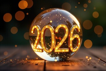 A clear glass ball with the year 2020 written on it, great for representing past or future events..New Year 2026.
