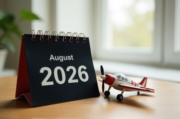 A desk with a calendar and a toy airplane, great for office or study settings..New Year 2026.