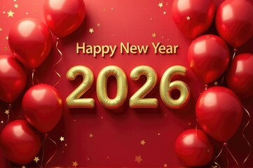A red background with balloons and a gold 'Happy New Year' sign..New Year 2026.