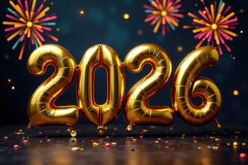 Colorful balloons floating in mid-air against a vibrant fireworks display..New Year 2026.