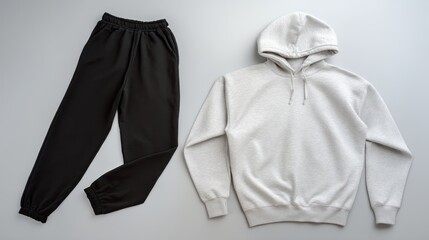 Hoodie placed with matching sweatpants as a set, top-down view, clean studio background
