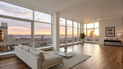 Sunset View Condo Minimalist Living Room with Cityscape Windows, Interior Design , Apartment