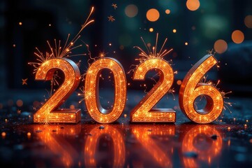 Close-up shot of a number with sparklers in the background, ideal for firework-themed illustrations or celebrations..New Year 2026.
