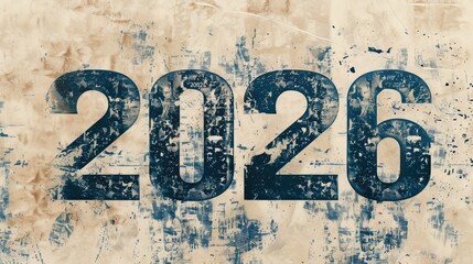 Grunge distressed 2026 numbers with ink splatter and scratches on vintage paper texture. New Year celebration banner or invitation concept